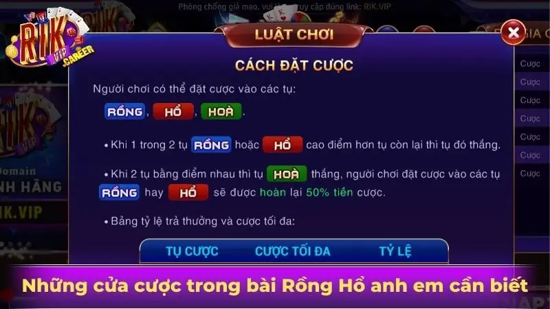 Những cửa cược trong bài Rồng Hổ anh em cần biết 